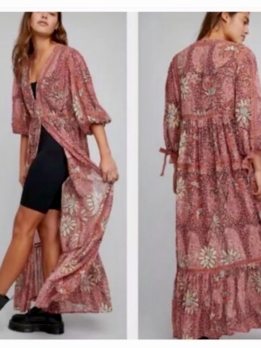 Free People Rose Floral Boho Tiered Maxi Kimono